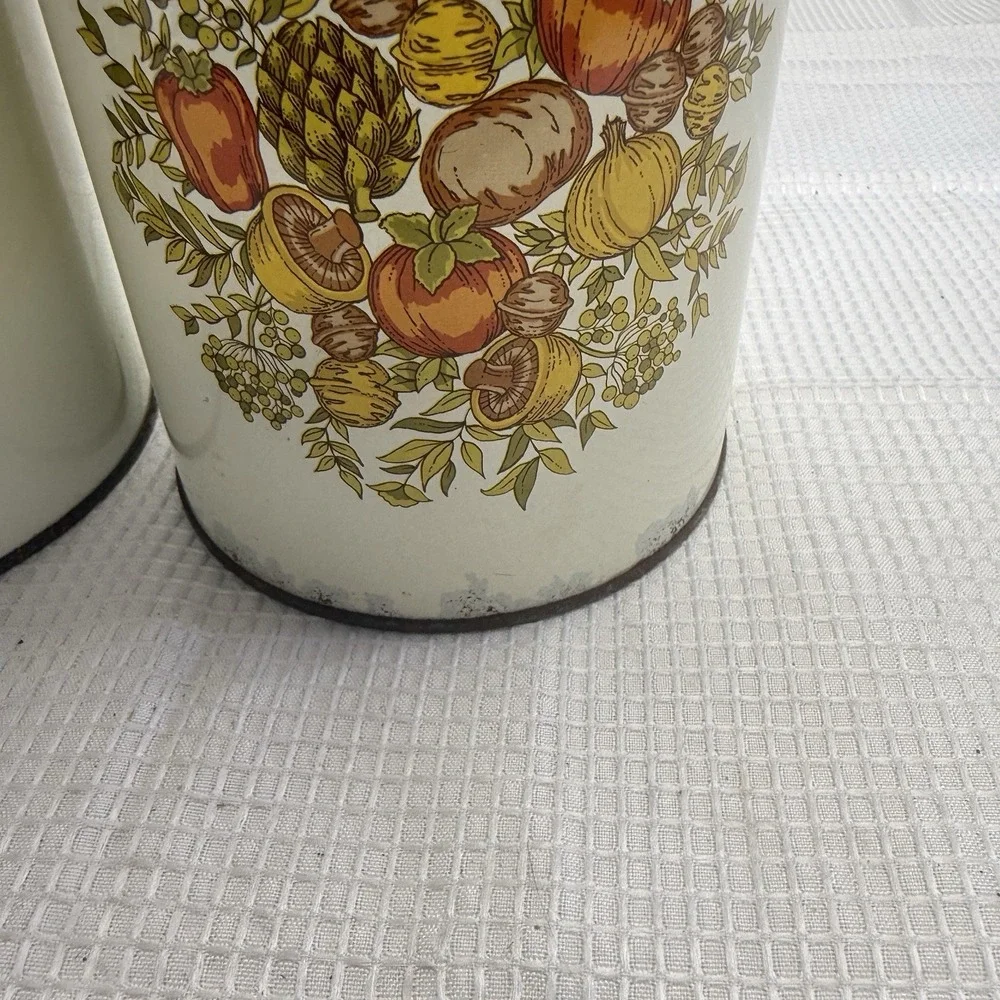Vintage Ballonoff Tin Canister Set Lids Vegetables MCM Brown Retro 70s Kitchen